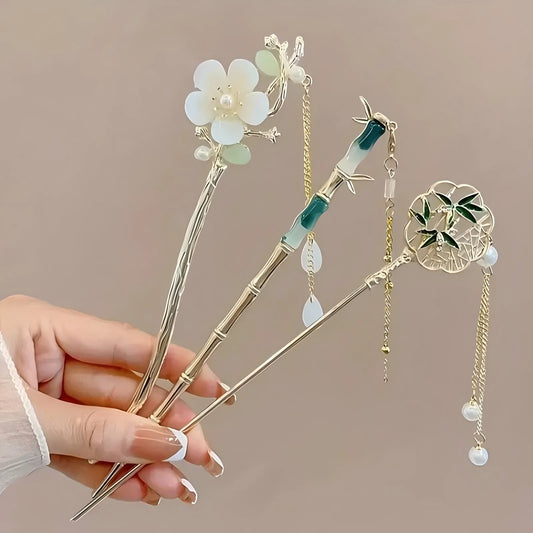 Floral Tassel Hair Sticks — Single or 6-Piece Set