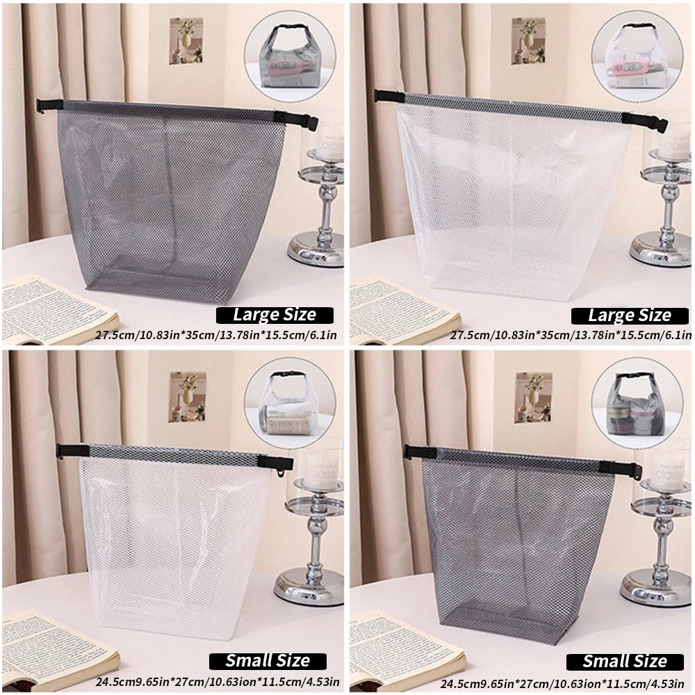 Waterproof Mesh Toiletry Bag, Drawstring Cosmetic Organizer with Quick-Release Buckle, Transparent Pouch for Travel, Gym, and Ba
