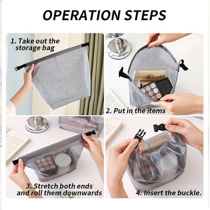Waterproof Mesh Toiletry Bag, Drawstring Cosmetic Organizer with Quick-Release Buckle, Transparent Pouch for Travel, Gym, and Ba