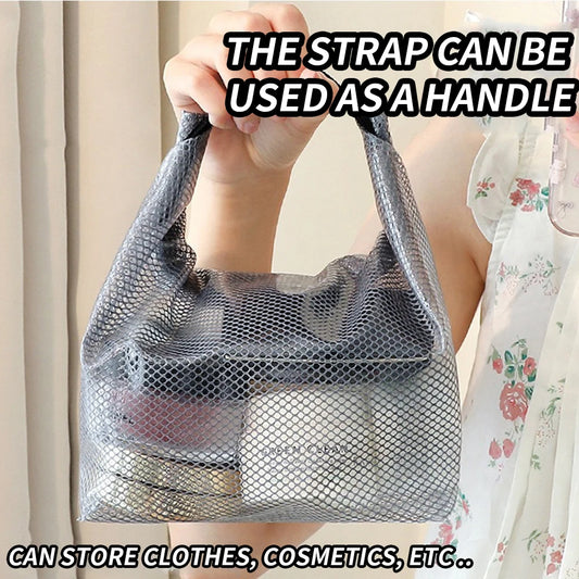 Waterproof Mesh Toiletry Bag, Drawstring Cosmetic Organizer with Quick-Release Buckle, Transparent Pouch for Travel, Gym, and Ba