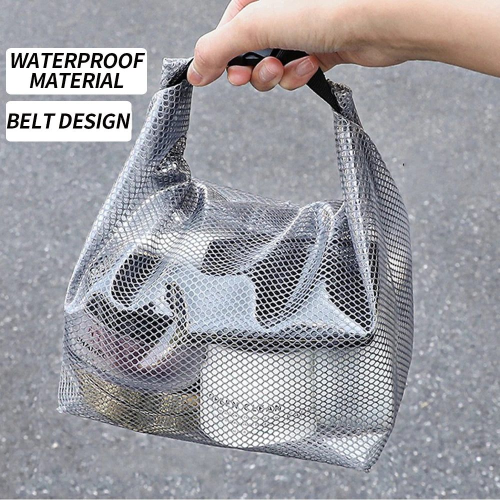 Waterproof Mesh Toiletry Bag, Drawstring Cosmetic Organizer with Quick-Release Buckle, Transparent Pouch for Travel, Gym, and Ba