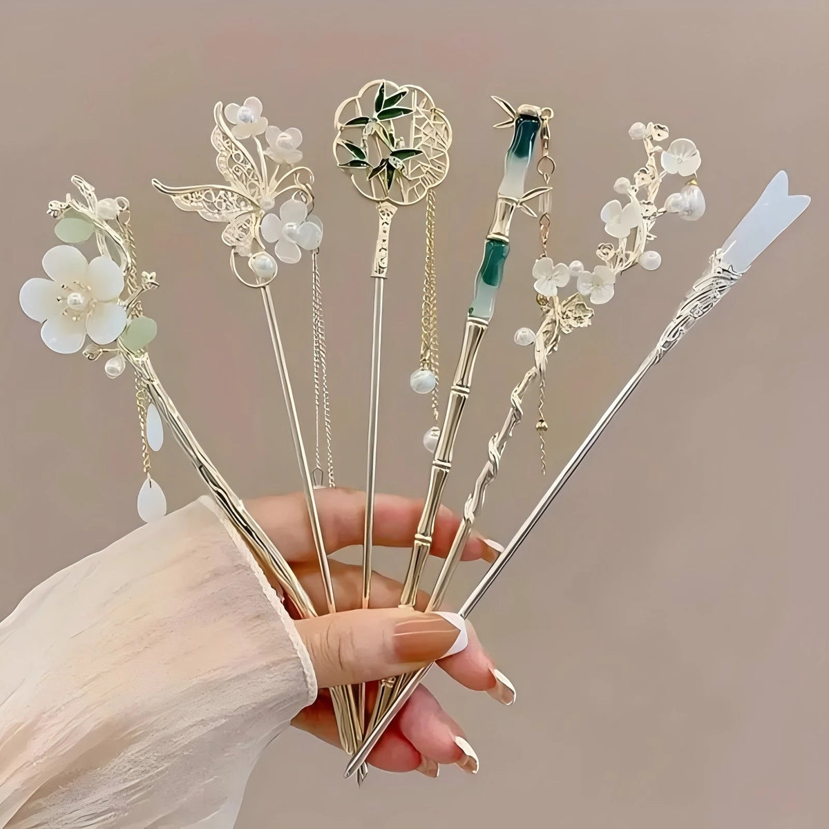Floral Tassel Hair Sticks — Single or 6-Piece Set