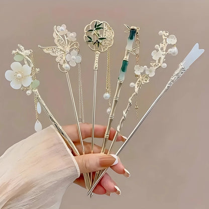 Floral Tassel Hair Sticks — Single or 6-Piece Set