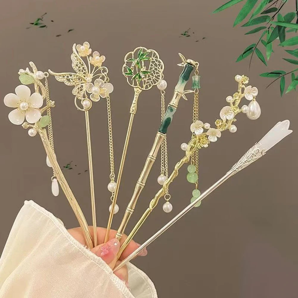 Floral Tassel Hair Sticks — Single or 6-Piece Set