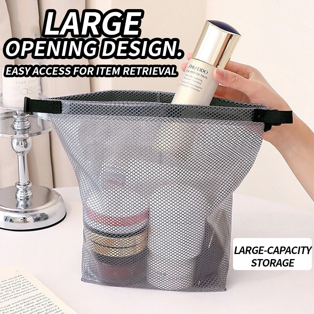 Waterproof Mesh Toiletry Bag, Drawstring Cosmetic Organizer with Quick-Release Buckle, Transparent Pouch for Travel, Gym, and Ba